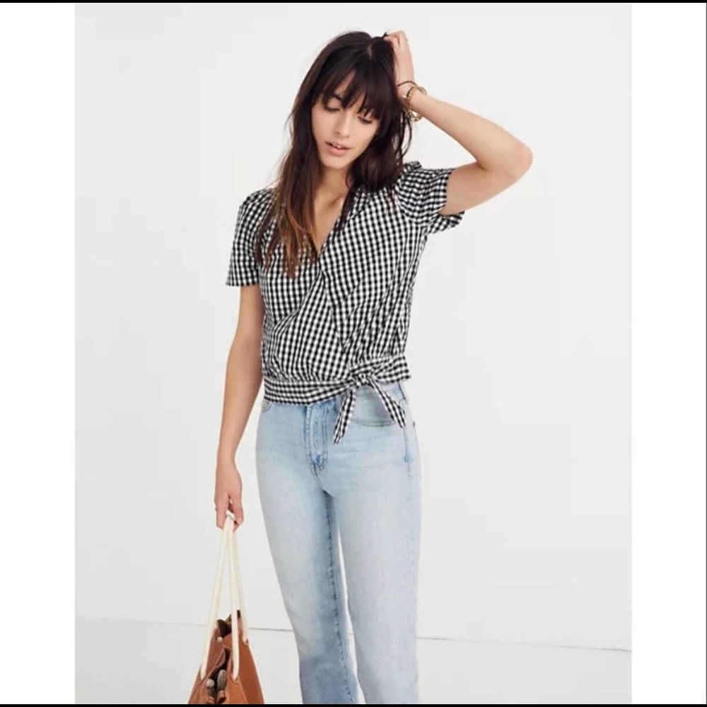Madewell Short-Sleeve Wrap Top in Gingham Check Size XL